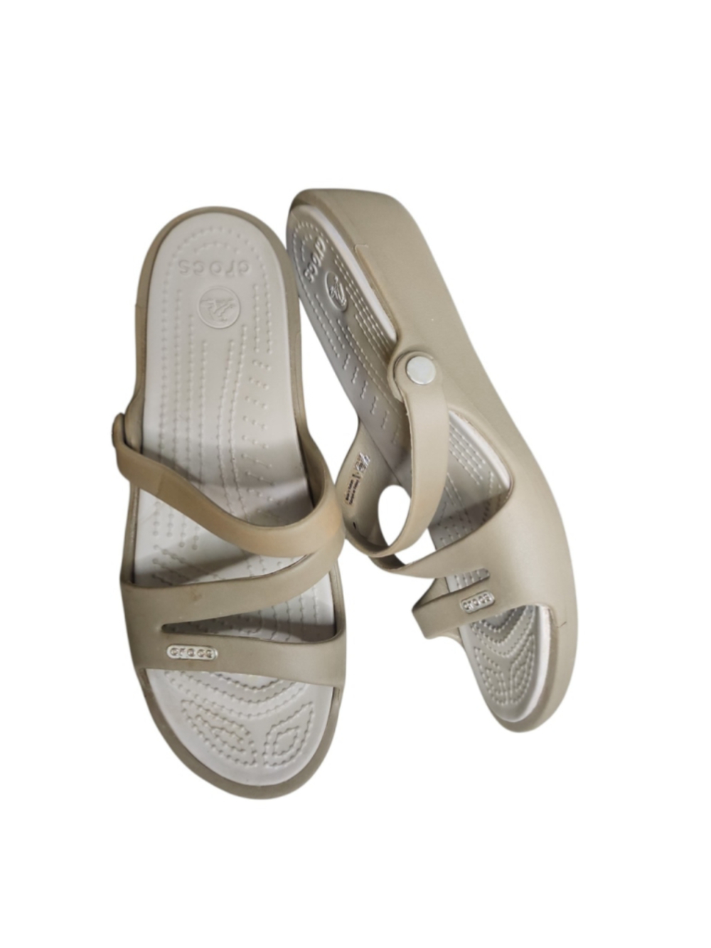 Crocs Patricia Wedge Sandals Tan Khaki Grey Women's Size 7 Excellent Condition